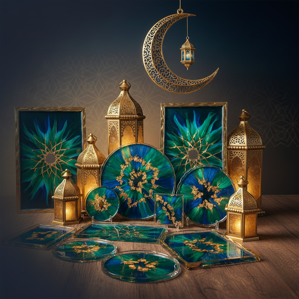 Plateau artisanal en résine époxy brillante avec motifs arabesques et finitions dorées pour décoration Ramadan