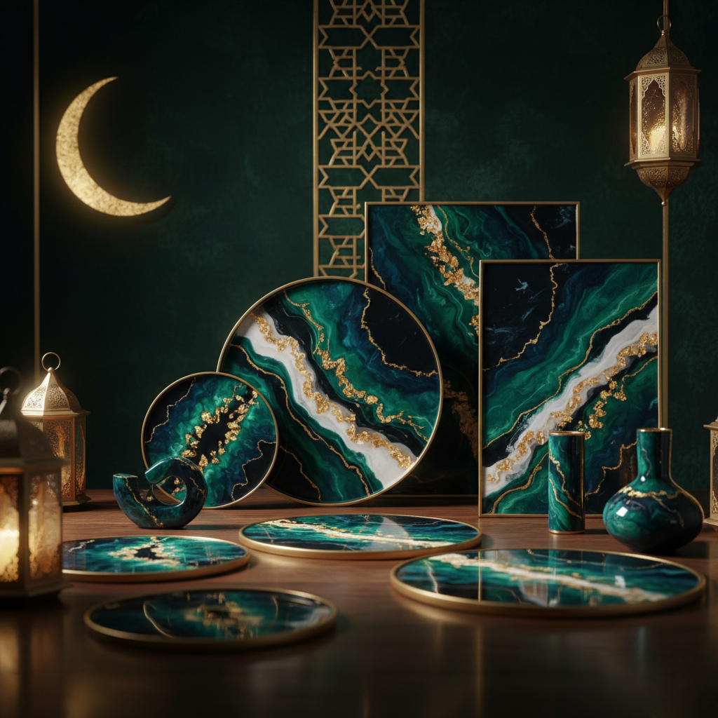 Assiettes et accessoires décoratifs en résine époxy colorée pour décoration de table Ramadan premium