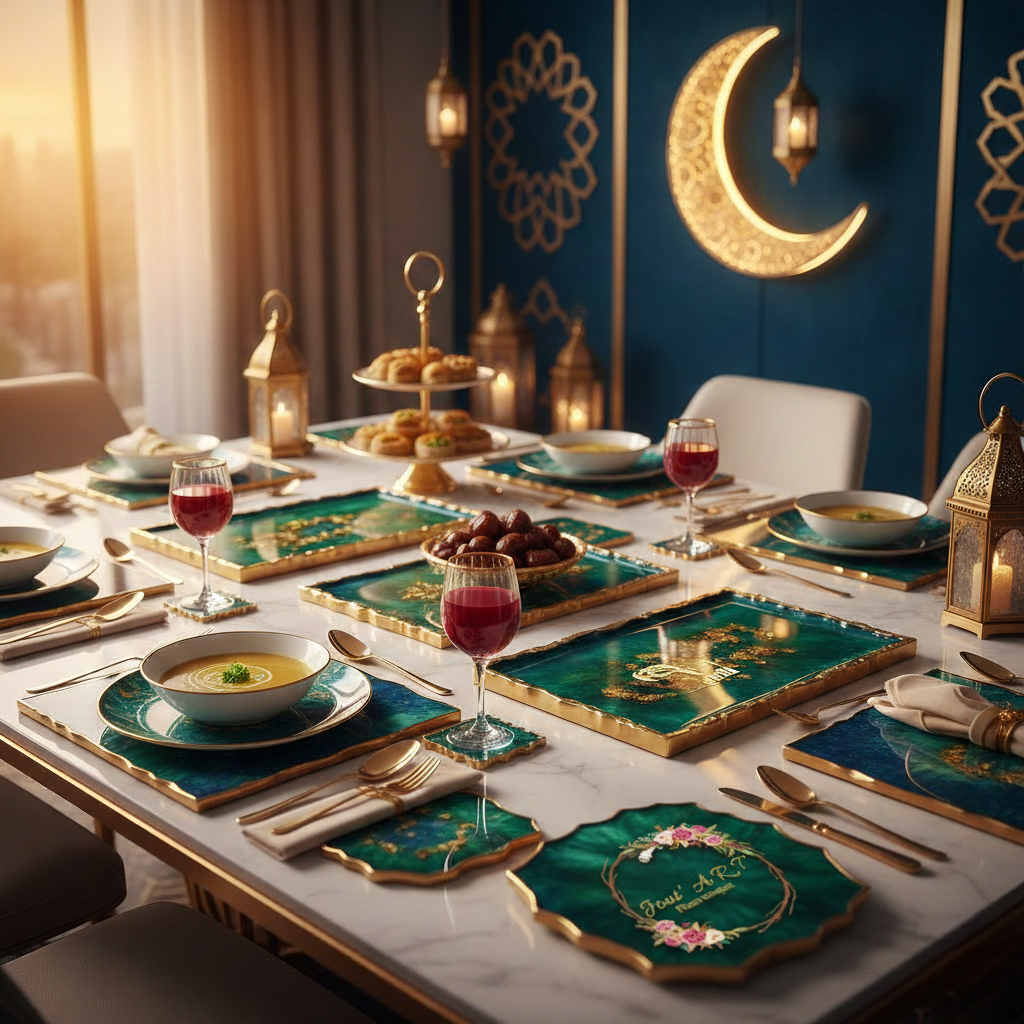 Table de rupture du jeûne décorée avec assiettes et plateaux artisanaux en résine époxy colorée Jout’ART, ambiance Ramadan luxe